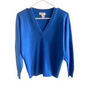 Lyle & Scott Thoroughbred Blue Cashmere V-Neck Sweater Made in Scotland Womens M